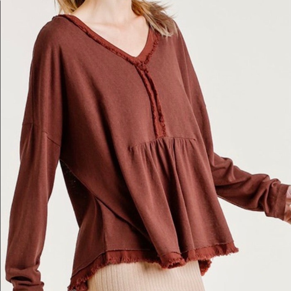 NWT Umgee Long Sleeve Frayed Edge Babydoll Top